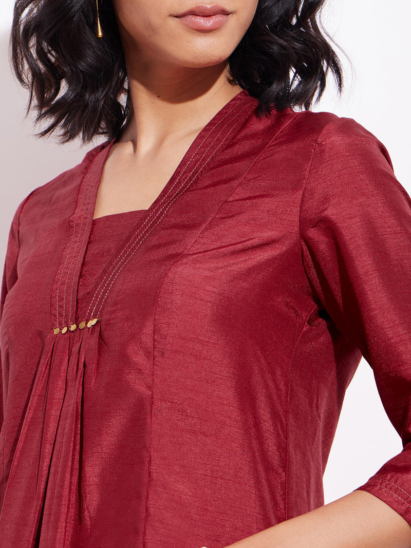 Silk Blend Solid A Line Tunic - Maroon