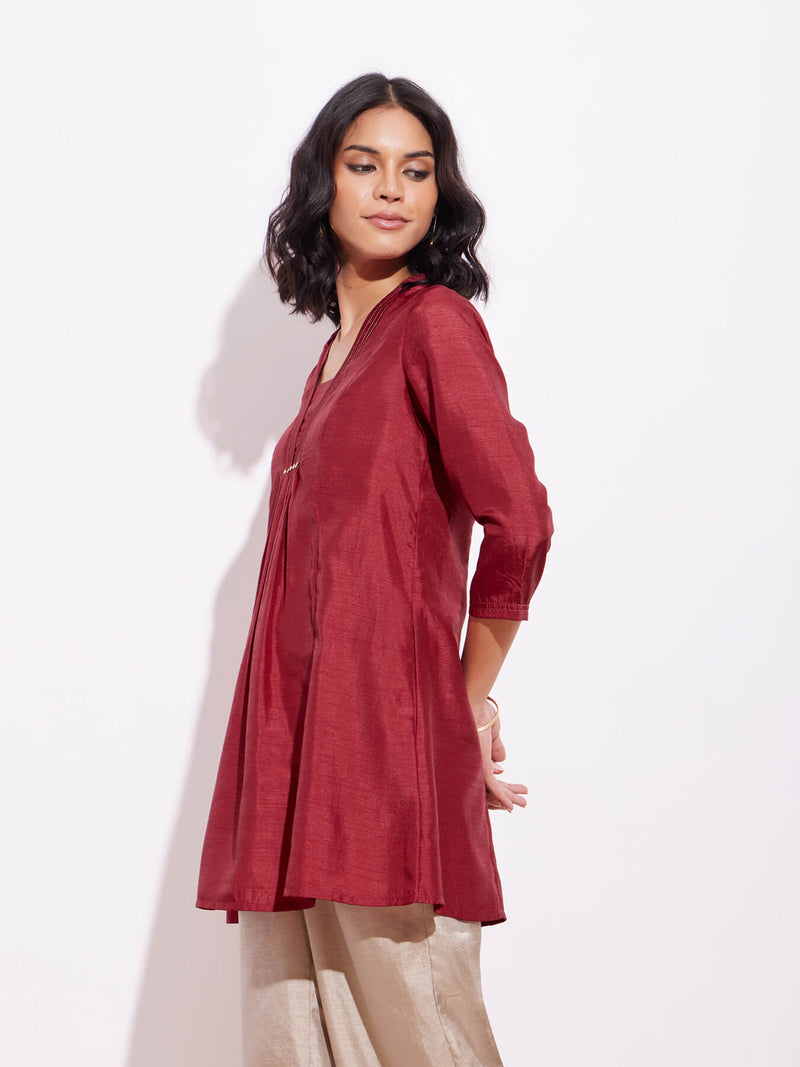 Silk Blend Solid A Line Tunic - Maroon