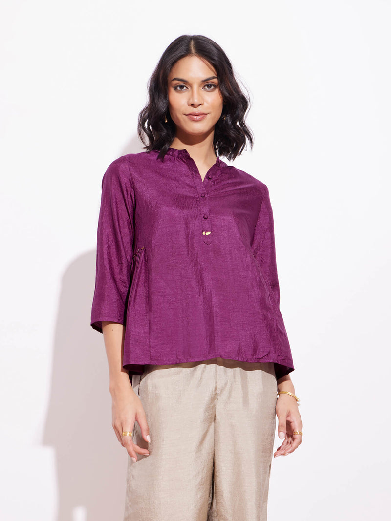 Silk Blend Solid A Line Top - Purple