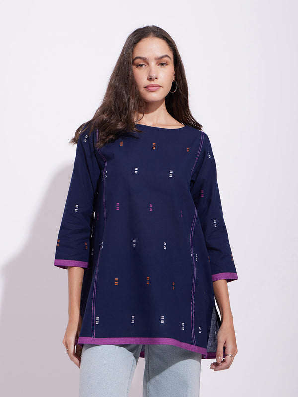 Cotton Geometric Motif Top - Navy Blue