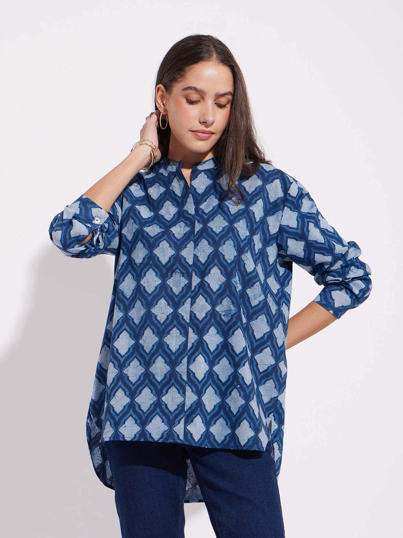 Cotton Dabu Abstract Print Top - Indigo