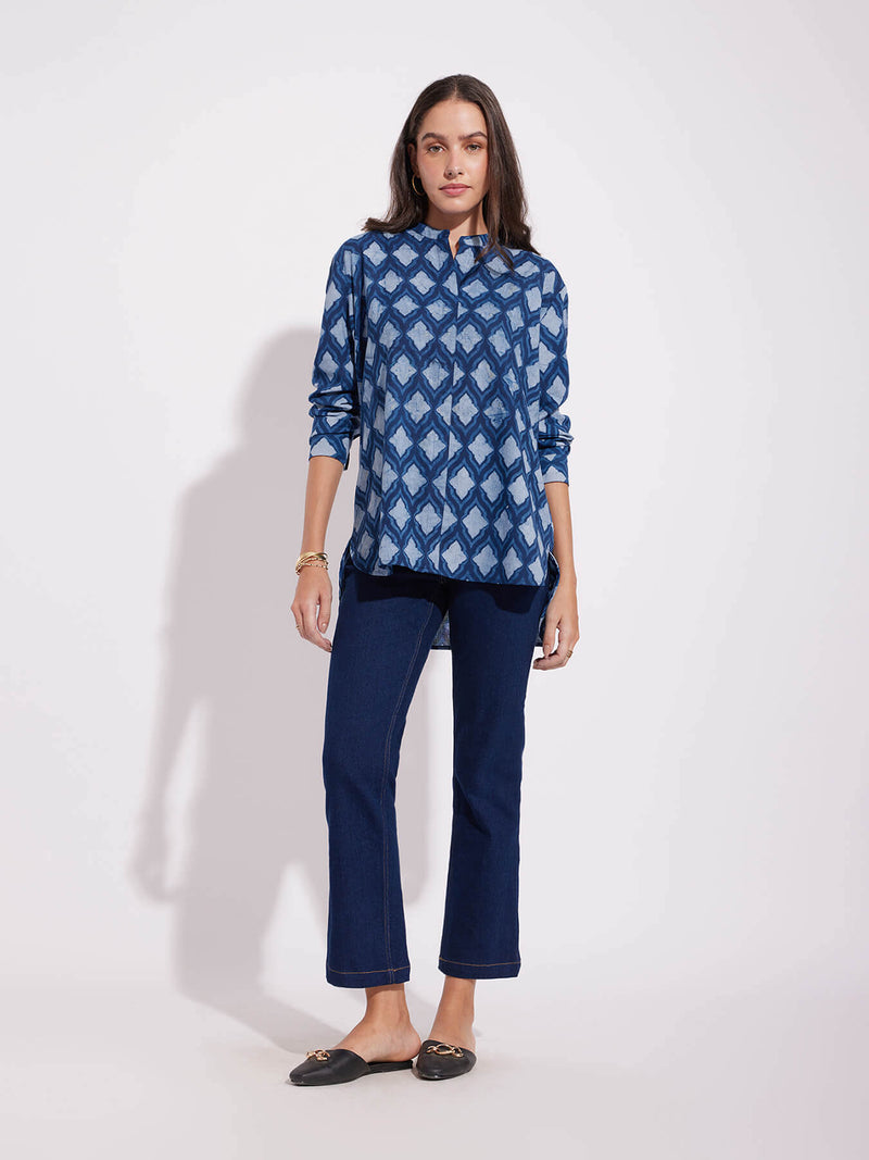 Cotton Dabu Abstract Print Top - Indigo