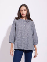 Cotton Checked Gathered Top - Navy Blue