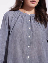 Cotton Checked Gathered Top - Navy Blue