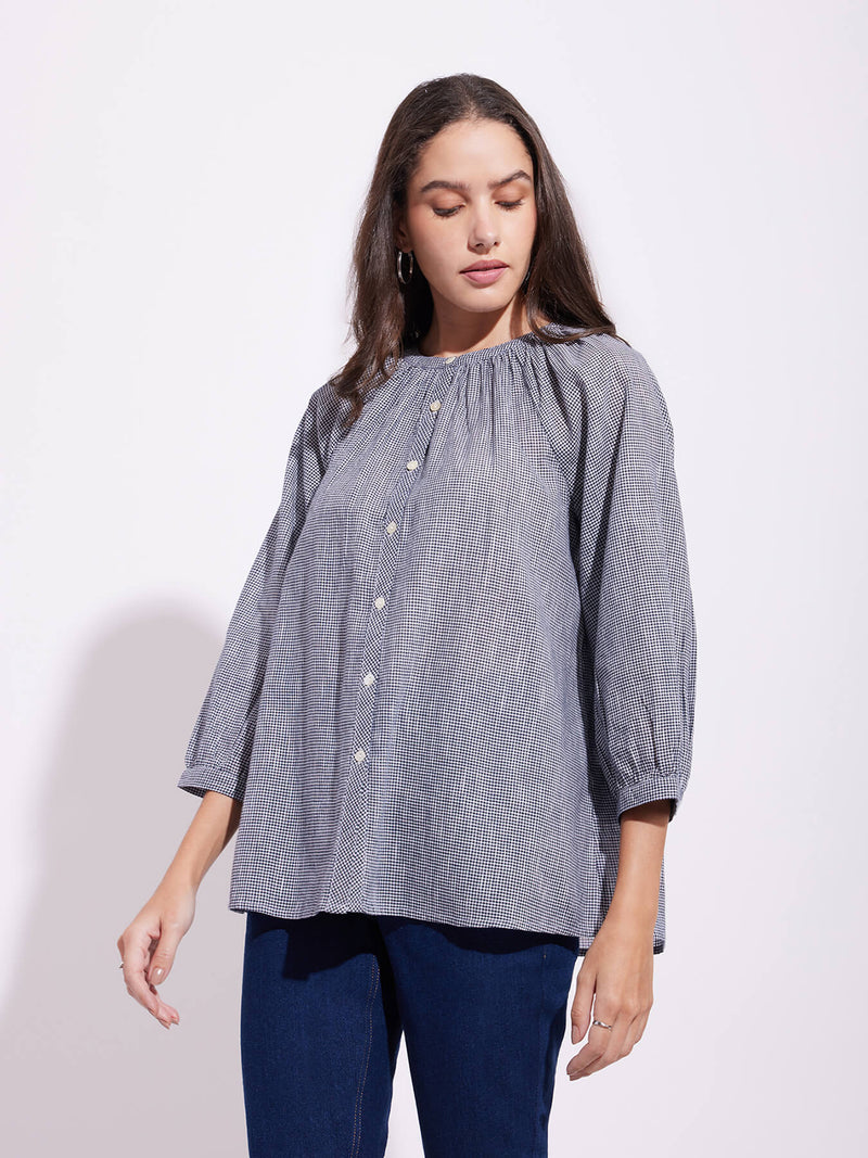 Cotton Checked Gathered Top - Navy Blue