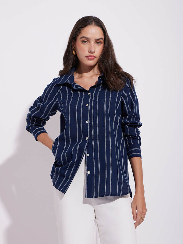 Cotton Stripe Play Boxy Shirt - Navy Blue