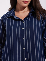 Cotton Stripe Play Boxy Shirt - Navy Blue