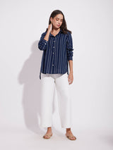 Cotton Stripe Play Boxy Shirt - Navy Blue