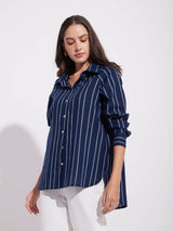 Cotton Stripe Play Boxy Shirt - Navy Blue