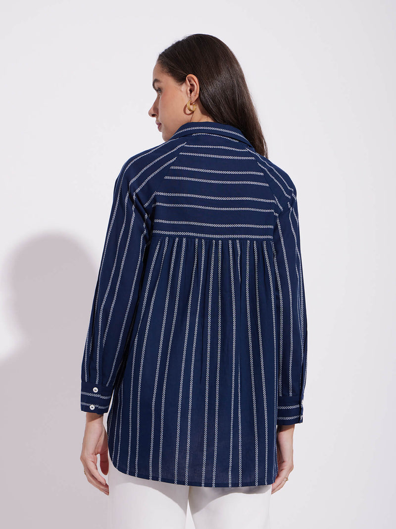 Cotton Stripe Play Boxy Shirt - Navy Blue