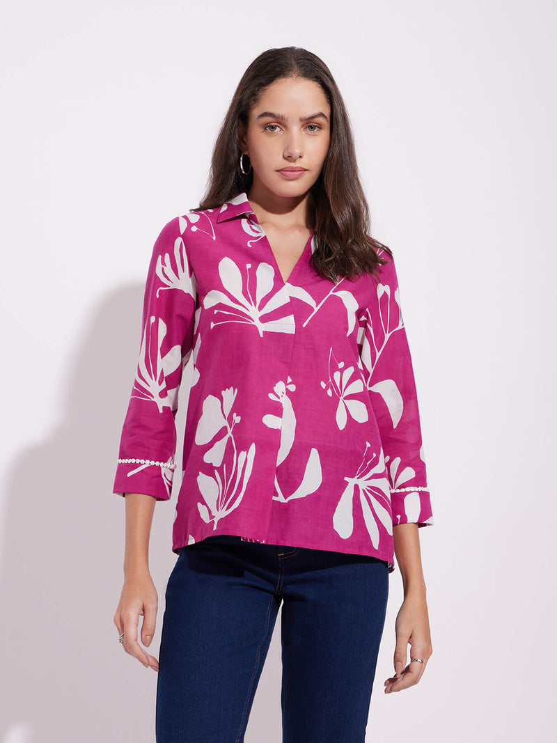 Cotton Floral Print Top - Pink