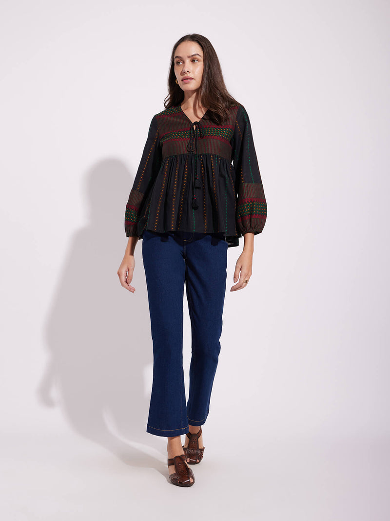 Cotton Geometric Play Tie-Up Top - Black