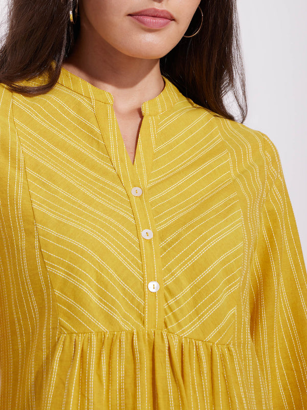 Cotton Striped Yoke Top - Yellow