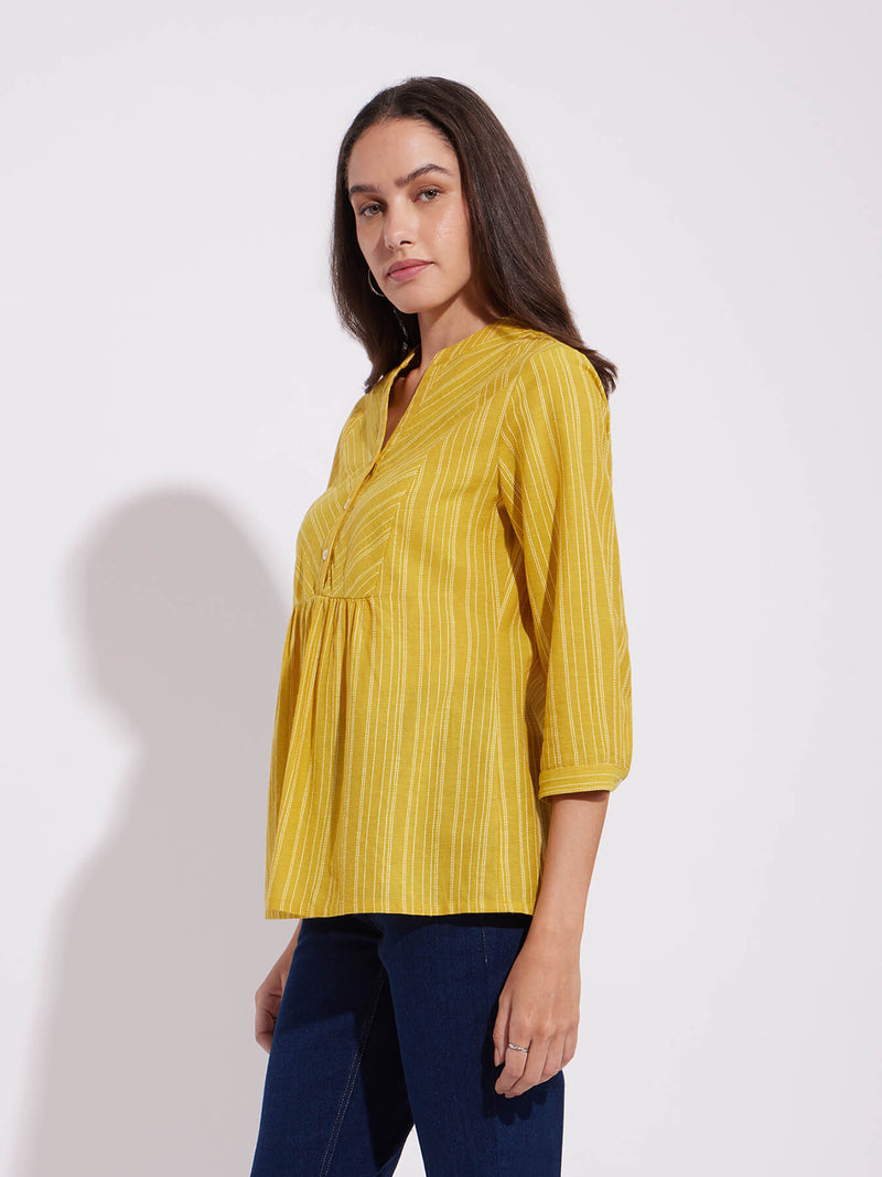 Cotton Striped Yoke Top - Yellow