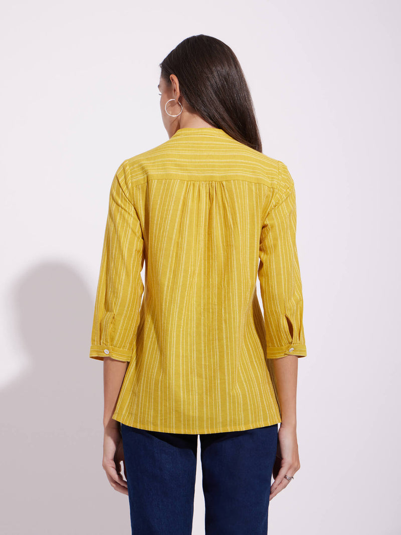 Cotton Striped Yoke Top - Yellow