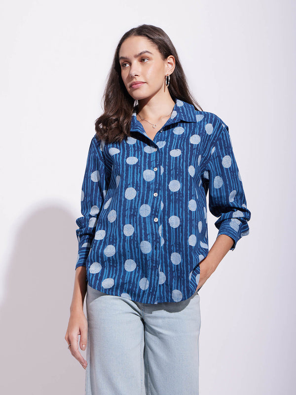 Cotton Dabu Polka Play Shirt - Indigo