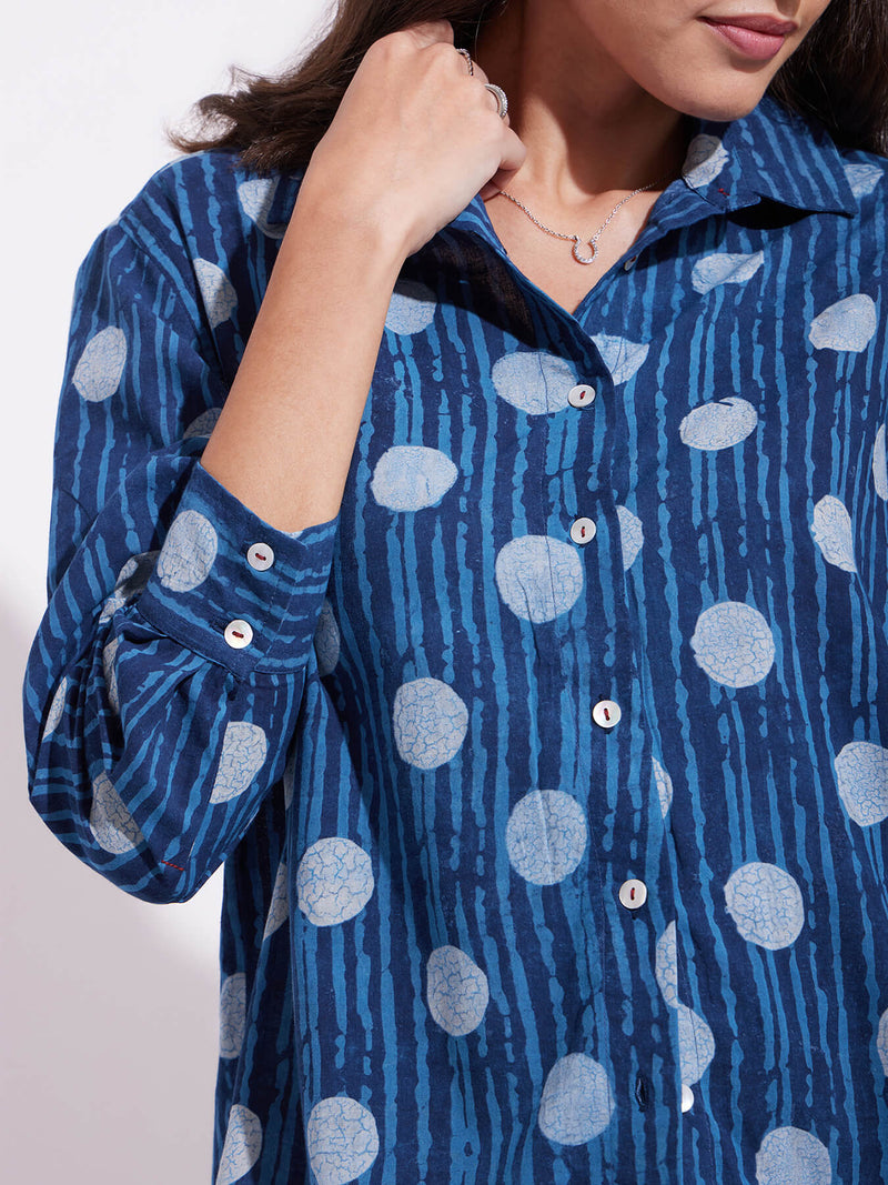 Cotton Dabu Polka Play Shirt - Indigo