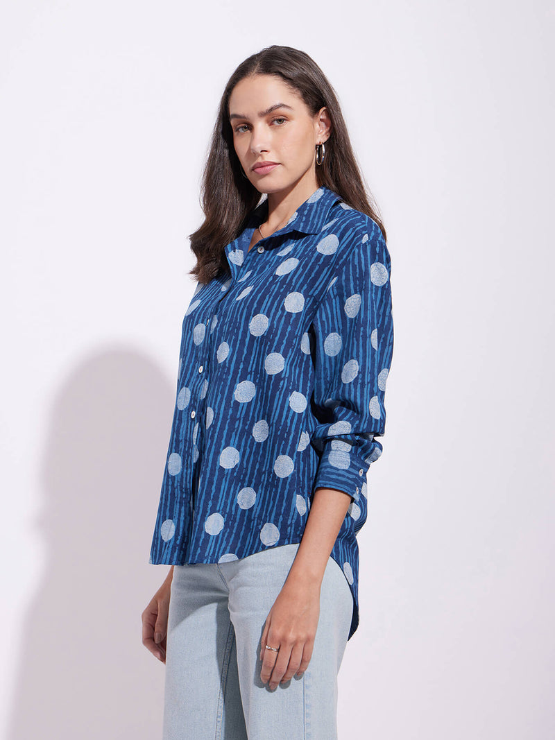 Cotton Dabu Polka Play Shirt - Indigo