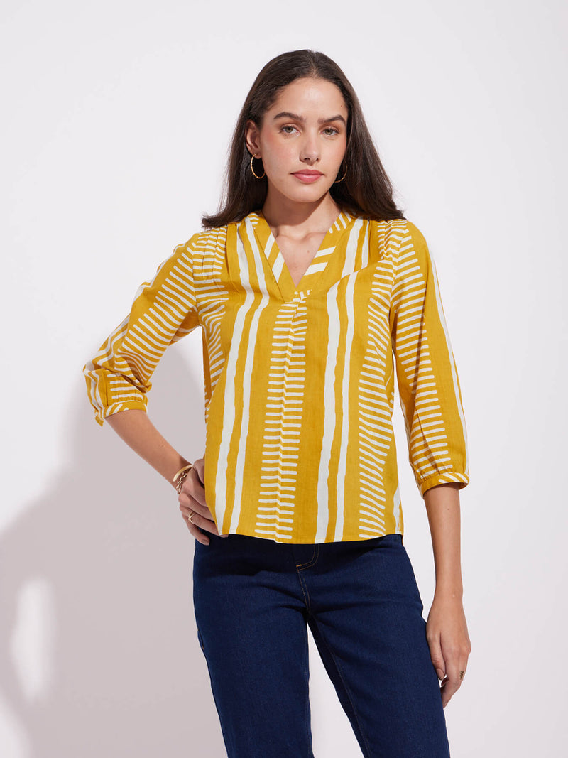 Cotton Stripe Play Pleated Top - Mustard