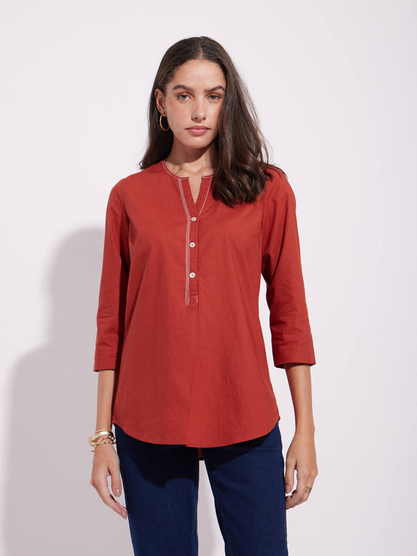 Cotton Solid Buttoned Top - Rust