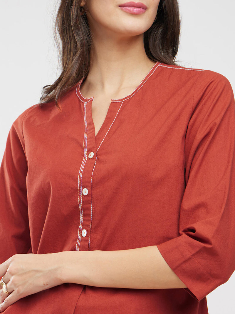 Cotton Solid Buttoned Top - Rust