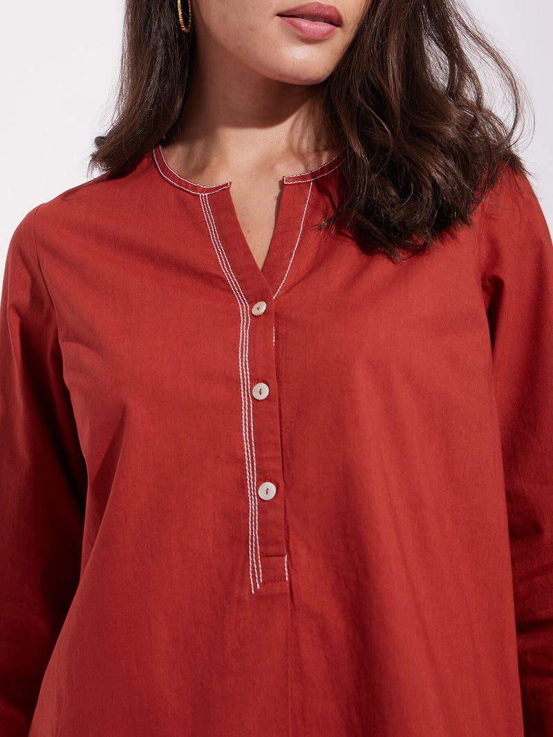 Cotton Solid Buttoned Top - Rust