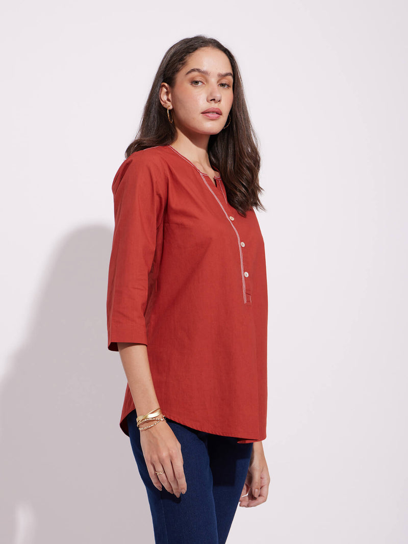 Cotton Solid Buttoned Top - Rust