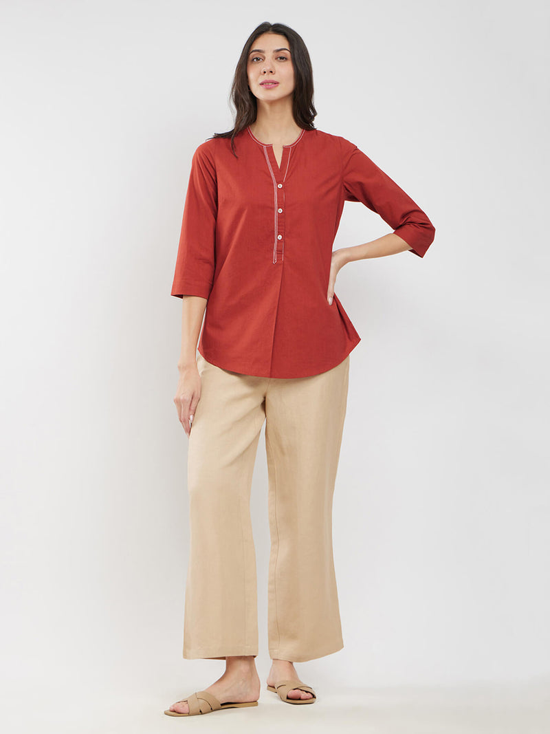 Cotton Solid Buttoned Top - Rust