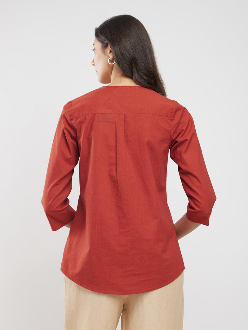 Cotton Solid Buttoned Top - Rust