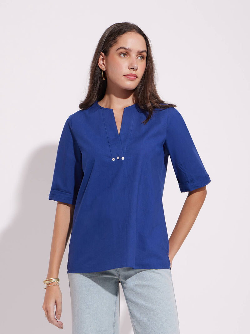 Cotton Solid A-Line Top - Blue