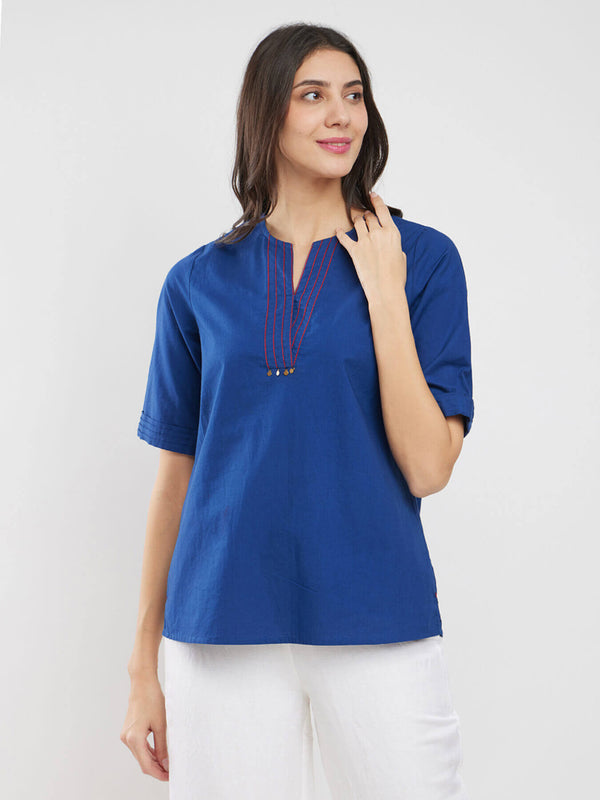 Cotton Solid A-Line Top - Blue