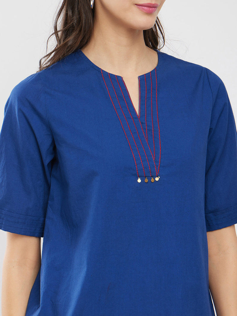 Cotton Solid A-Line Top - Blue