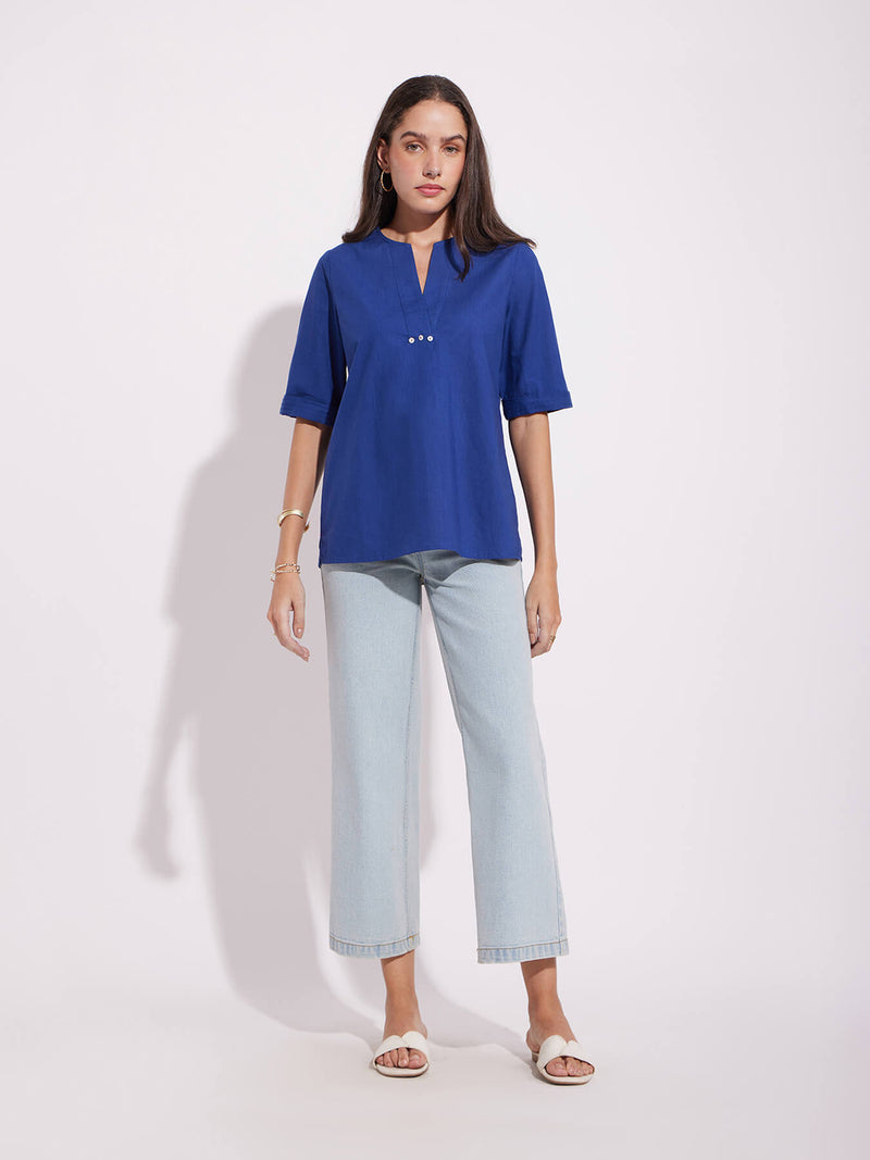 Cotton Solid A-Line Top - Blue