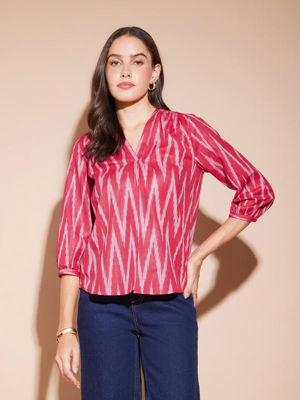 Cotton Ikat Front Pleated Top - Red