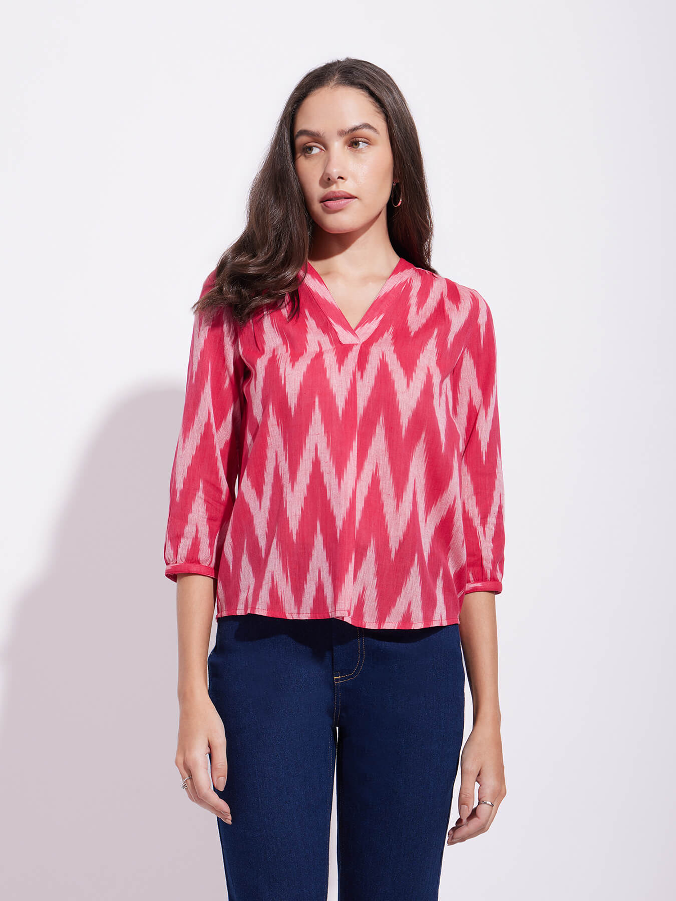 Cotton Ikat Front Pleated Top - Red