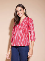 Cotton Ikat Front Pleated Top - Red