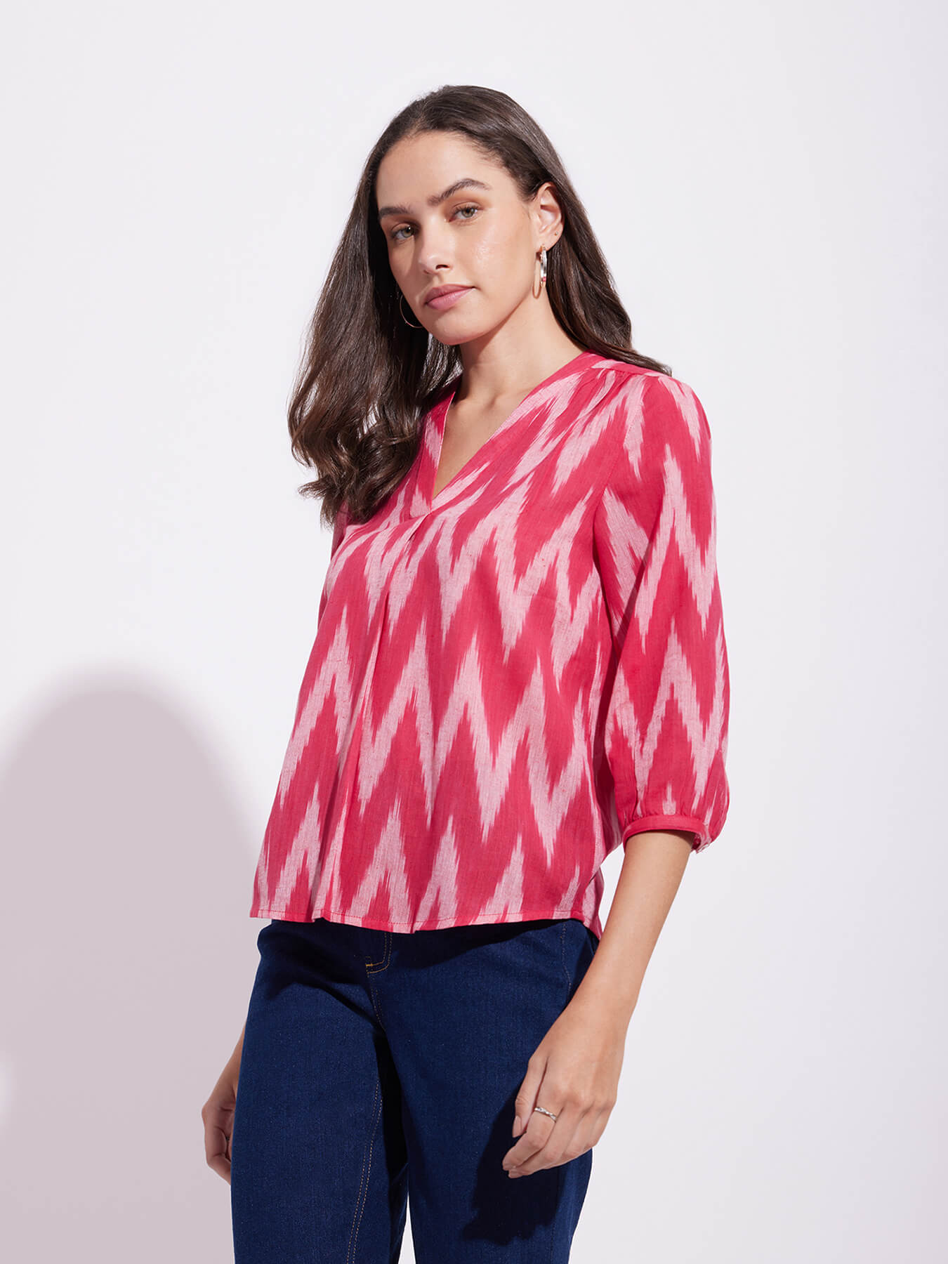 Cotton Ikat Front Pleated Top - Red