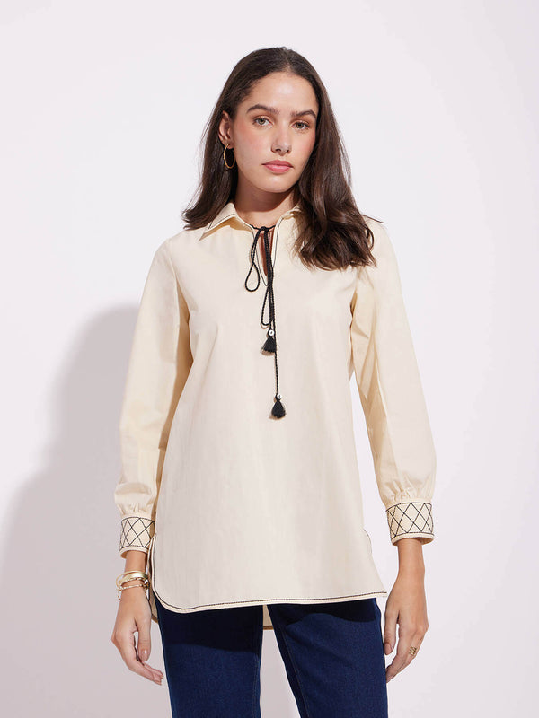 Cotton Solid Tie-Up Top - Cream