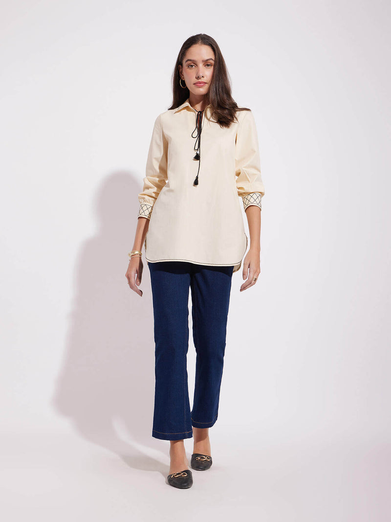 Cotton Solid Tie-Up Top - Cream