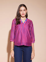 Chanderi Geometric V-Neck Top - Pink