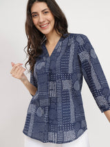 Cotton Geometric Print Top - Navy Blue