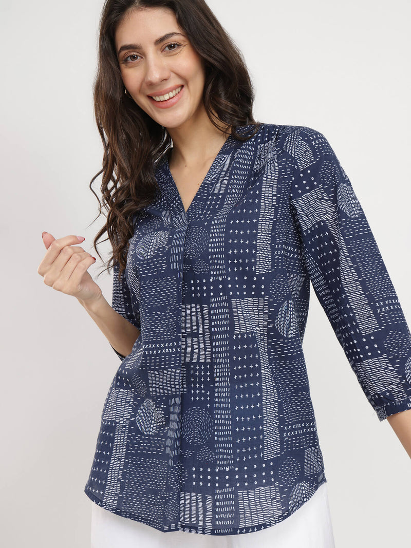 Cotton Geometric Print Top - Navy Blue