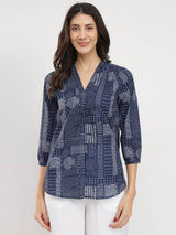Cotton Geometric Print Top - Navy Blue
