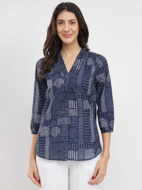 Cotton Geometric Print Top - Navy Blue