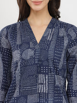 Cotton Geometric Print Top - Navy Blue