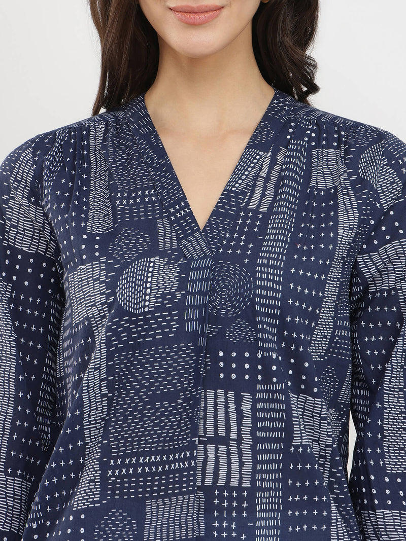 Cotton Geometric Print Top - Navy Blue