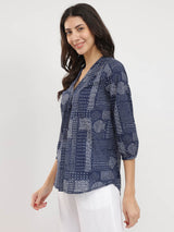 Cotton Geometric Print Top - Navy Blue