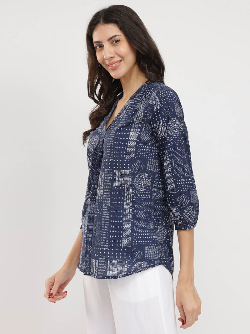 Cotton Geometric Print Top - Navy Blue