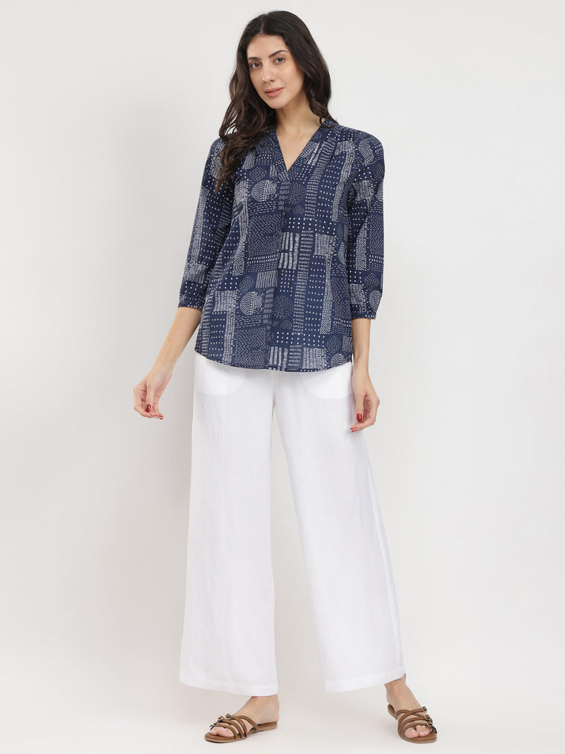 Cotton Geometric Print Top - Navy Blue