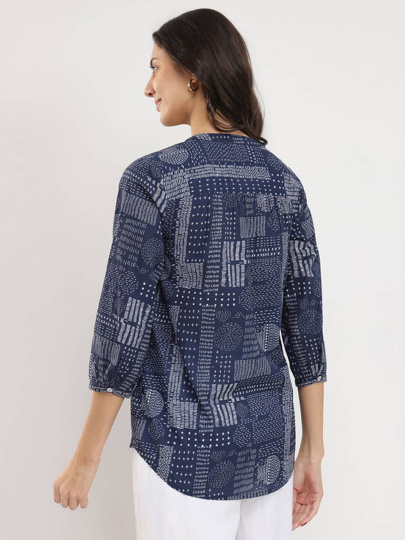 Cotton Geometric Print Top - Navy Blue